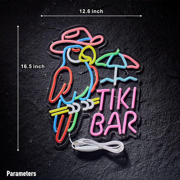 New Tiki Bar Parrot Neon Sign for Wall Decor, Dimmer LED Light for Pub - Picture 3 of 4